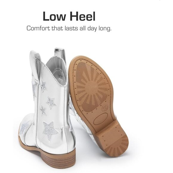 Girls Silver Cowgirl Boots Mid Calf Western Star Glitter Cowboy Riding Shoes - Picture 3 of 5